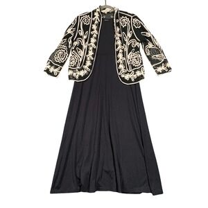 TravelSmith Petite Small Black Maxi Dress & Embroidered Mesh Jacket Set L509-366